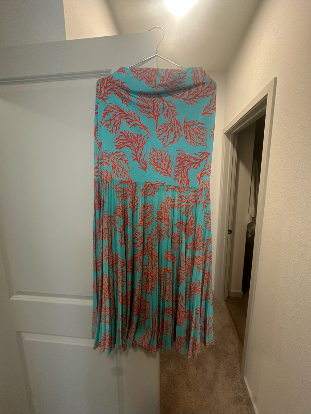 Turquoise Maxi Skirt with Coral Print - Pleated Summer Style